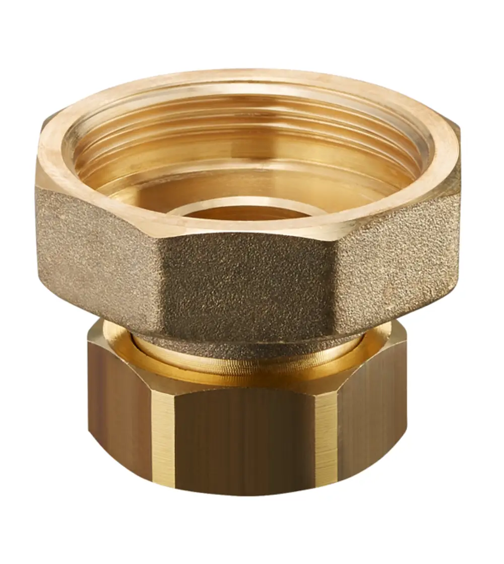 Brass fitting by Oventrop, designed for connecting pipes in heating systems, featuring internal and external threads.